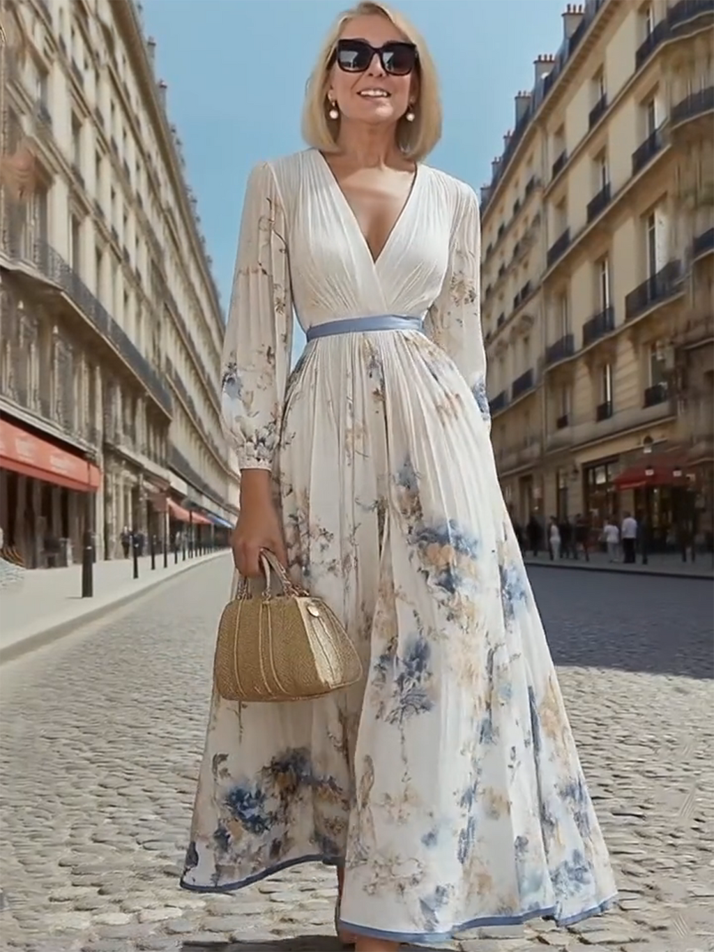 Gala Dress Digital Print V-neck Long Sleeves Pleats, Dress Long Dress