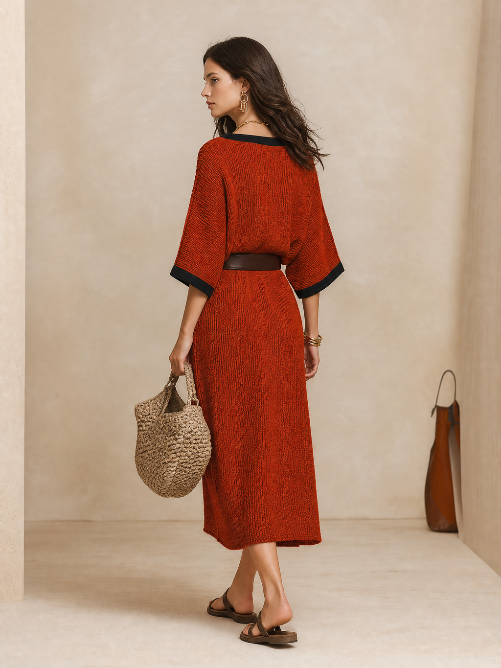 Minimalist Autumn Sweater-Knit Round-Neck Cocoon Brick Red Maxi Dress