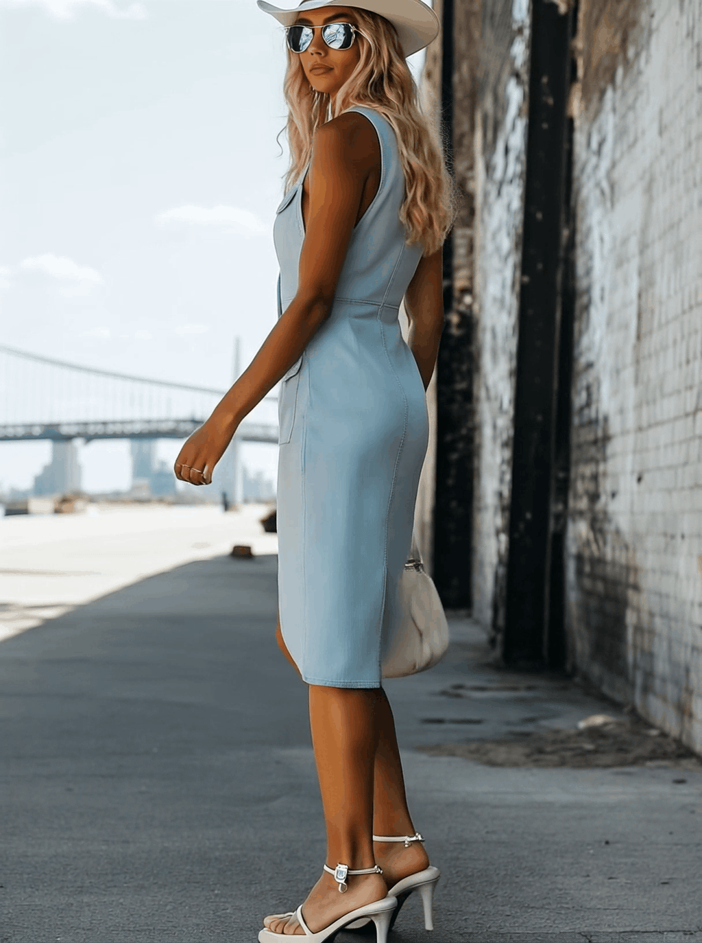 [24-hour shipping out]Casual Fashion V-Neck Front Button Tulip Shape Hem Light Blue Denim Midi Dress