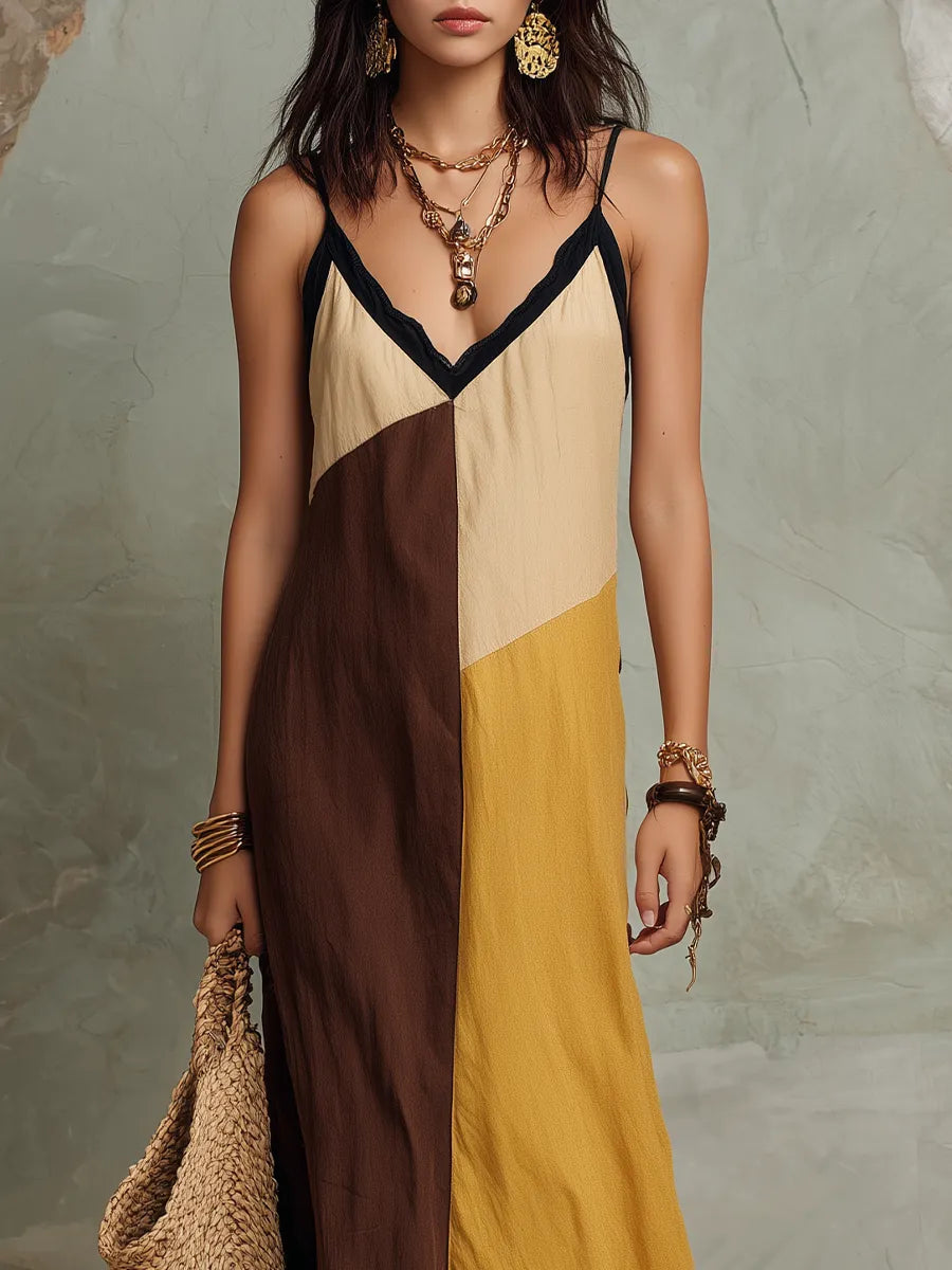 Stylish Color-Blocked A-Line Sleeveless in Earth Tones  Maxi Dress