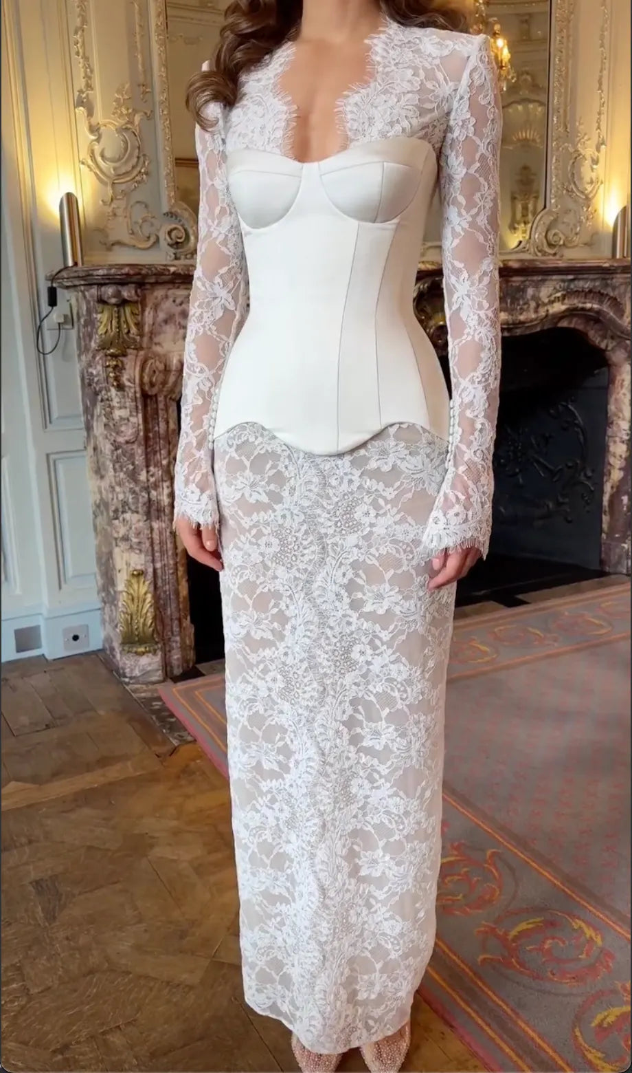 Ivory Corset Bustier Sheer Floral Lace Long Sleeve Midi Wedding Dress, Elegant Vintage Bridal Gown
