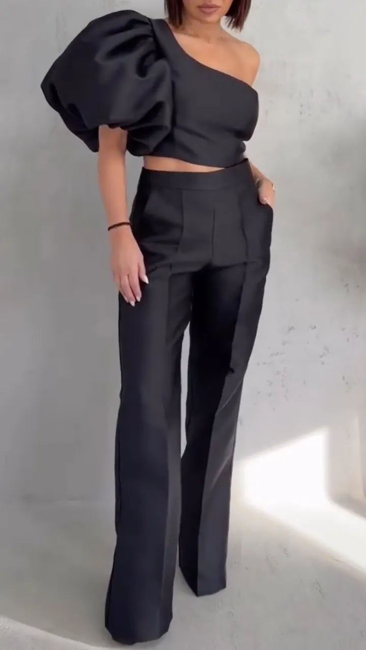 One Shoulder Puff Sleeve Crop Top &  Straight Pants Two Piece Set