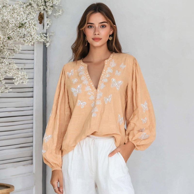 Women's Floral And Butterfly Pattern Linen V-neck T-shirt