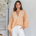 Women's Floral And Butterfly Pattern Linen V-neck T-shirt