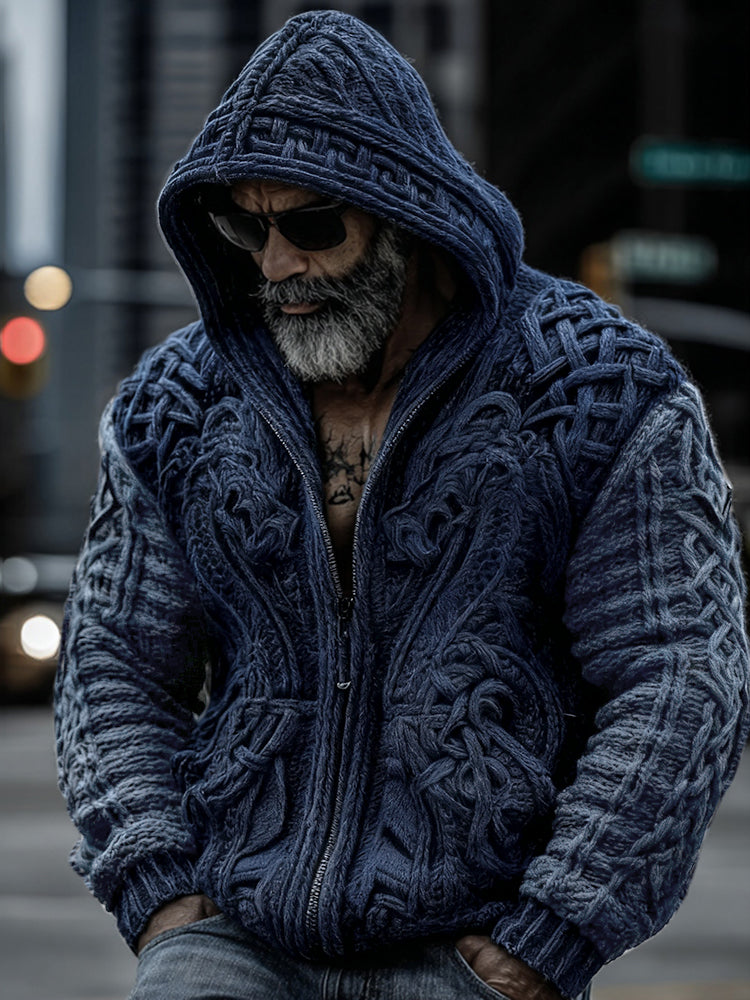 Men's Viking Dragon Totem Chunky Knit Hooded Cardigan