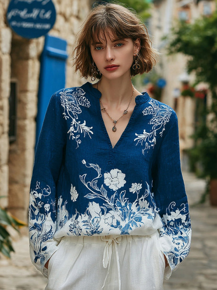 Women's Floral Pattern Linen V-neck T-shirt