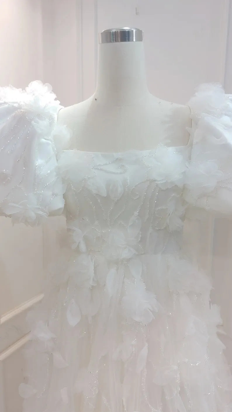 Custom short wedding dress for the bride. Beaded wedding dress with beautiful fabric. Puffy  sleeve short wedding dress.