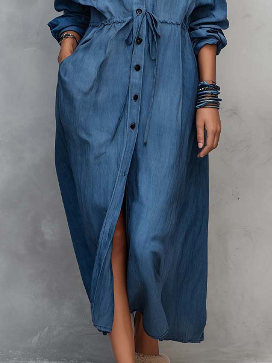 Vintage-style Long Sleeves Denim Shirt Midi Dress