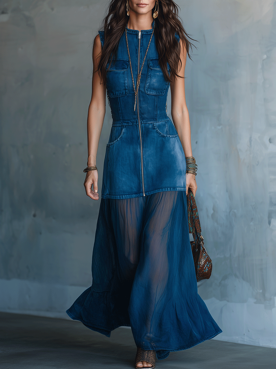 Bohemian Denim Resort Sleeveless Zip-Front Maxi Dress