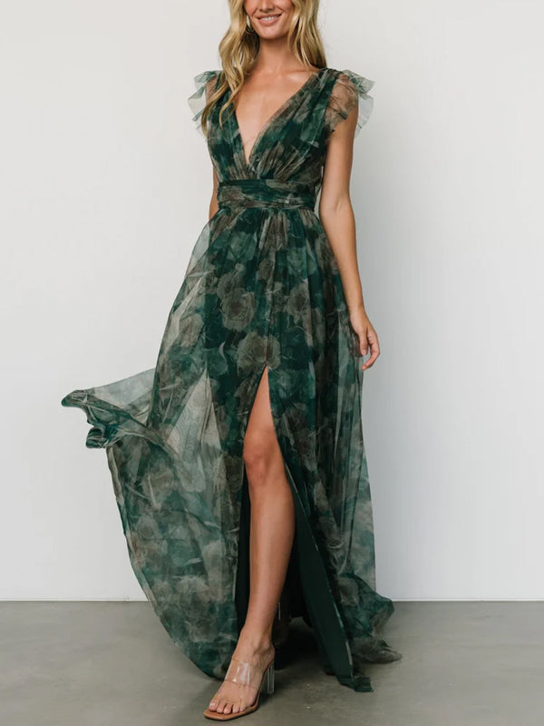 V-neck Sleeveless Print Maxi Dress