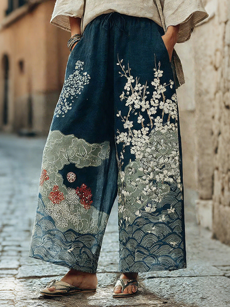 Women's Vintage Japanese Cherry Blossom And Wave Art Print Pants