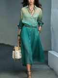 Bohemian Teal Ombre  Shirt Midi Dress