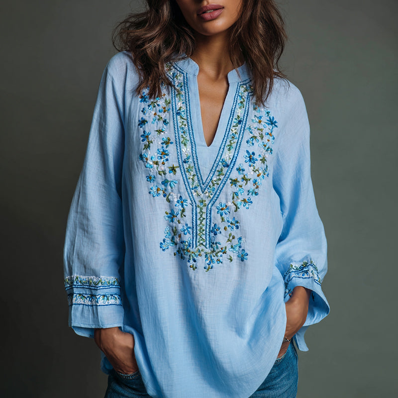 Women's Floral Embroidered Art Print Flowy Linen Blend Casual Tunic
