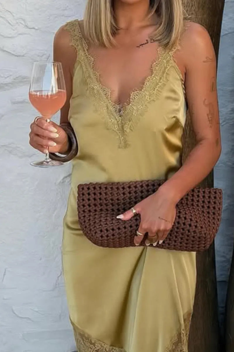 Olive Green Satin Lace Slip Dress