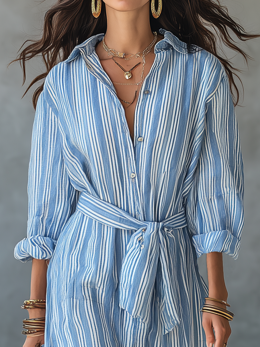 Relaxed Sky Blue Striped Shirt Maxi Dress