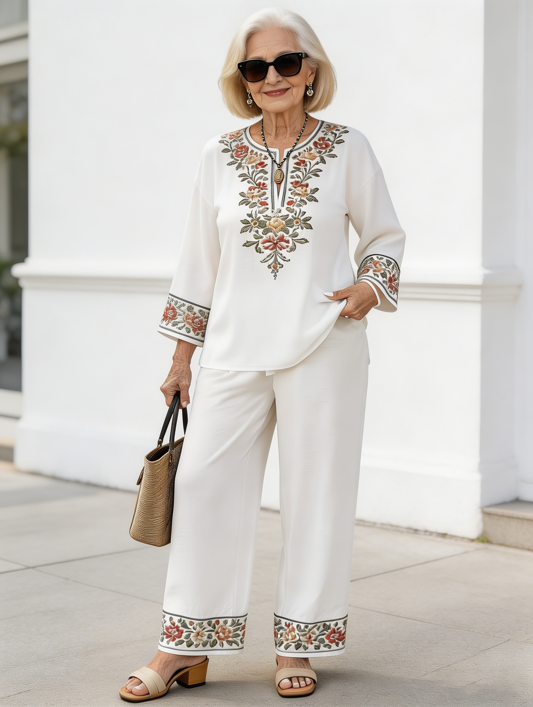 2Pcs Vacation Long-sleeved Lace Flower Long-sleeved Ethnic Style Suit
