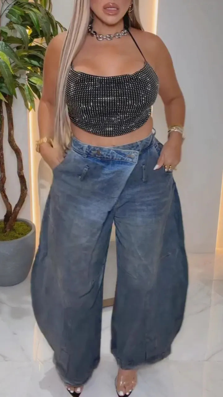 Black Sparkly Crop Top & Baggy Denim Pants