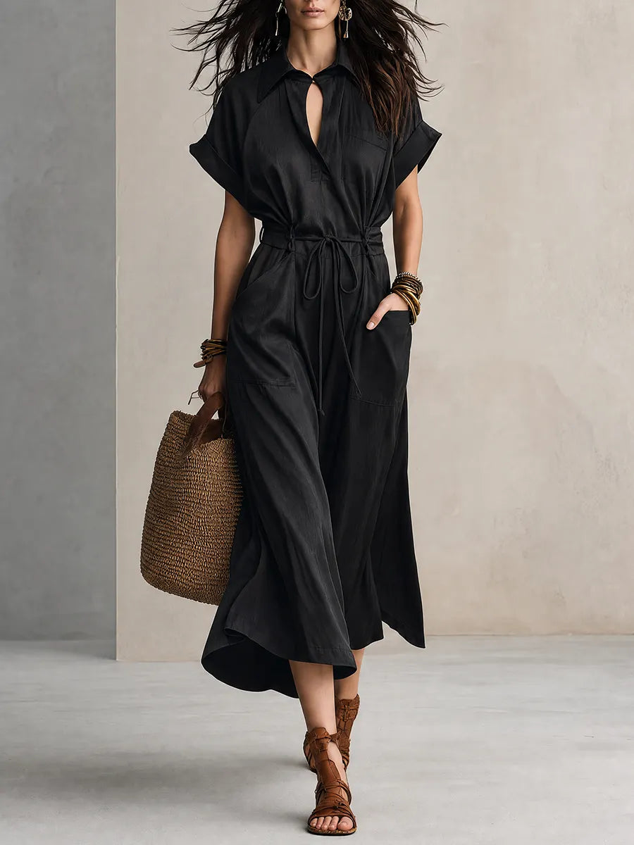 Work-to-Vacation Collared Short Sleeve Linen Midi Dress