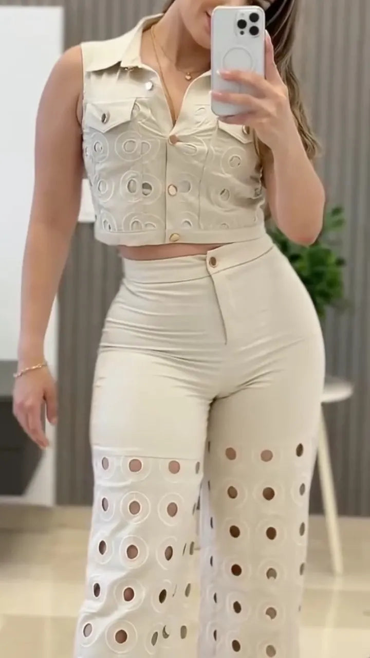 Women's Collared Sleeveless Blouse With Cutouts + Wide-Leg Pants Set