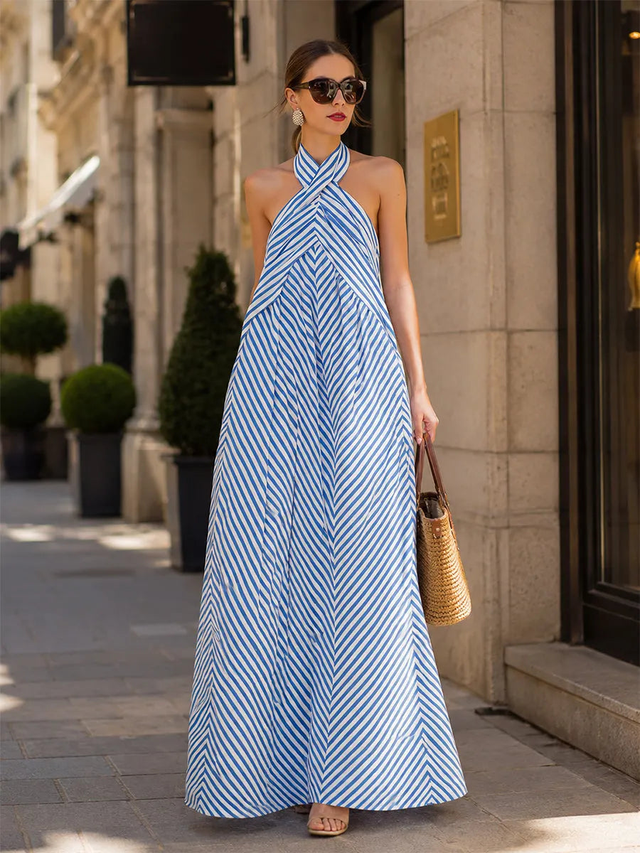 Nautical Stripe Halter Neck Maxi Dress