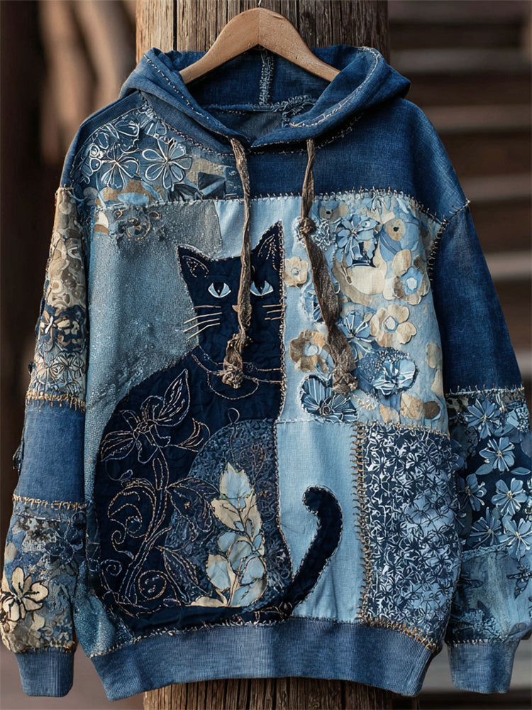 Lovely Cat Boho Floral Lace Patchwork Washed Hoodie