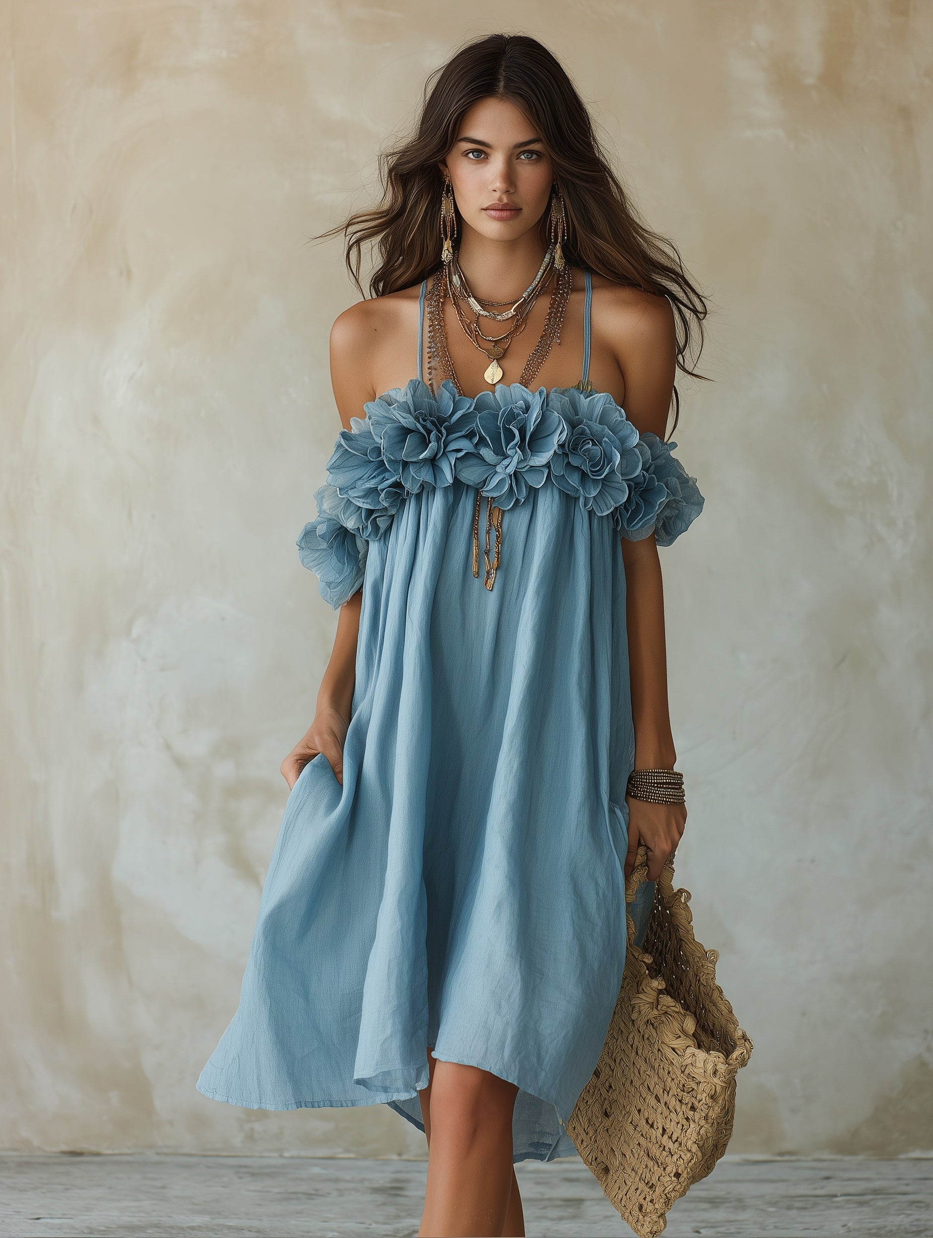 Romantic Coastal Linen Ruffle-Flower Halter Sky Blue Flowy Midi Dress