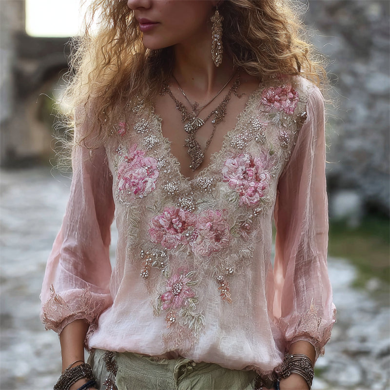 Boho Pink Floral Beaded Lace Flowy Linen Tunic