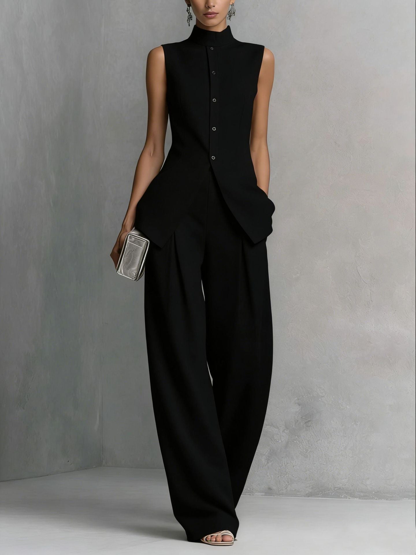 Women's Neo-Chinese Mock Neck Sleeveless Set - Elegant Wide-Leg Two-Piece Suit for Quiet Luxury Style