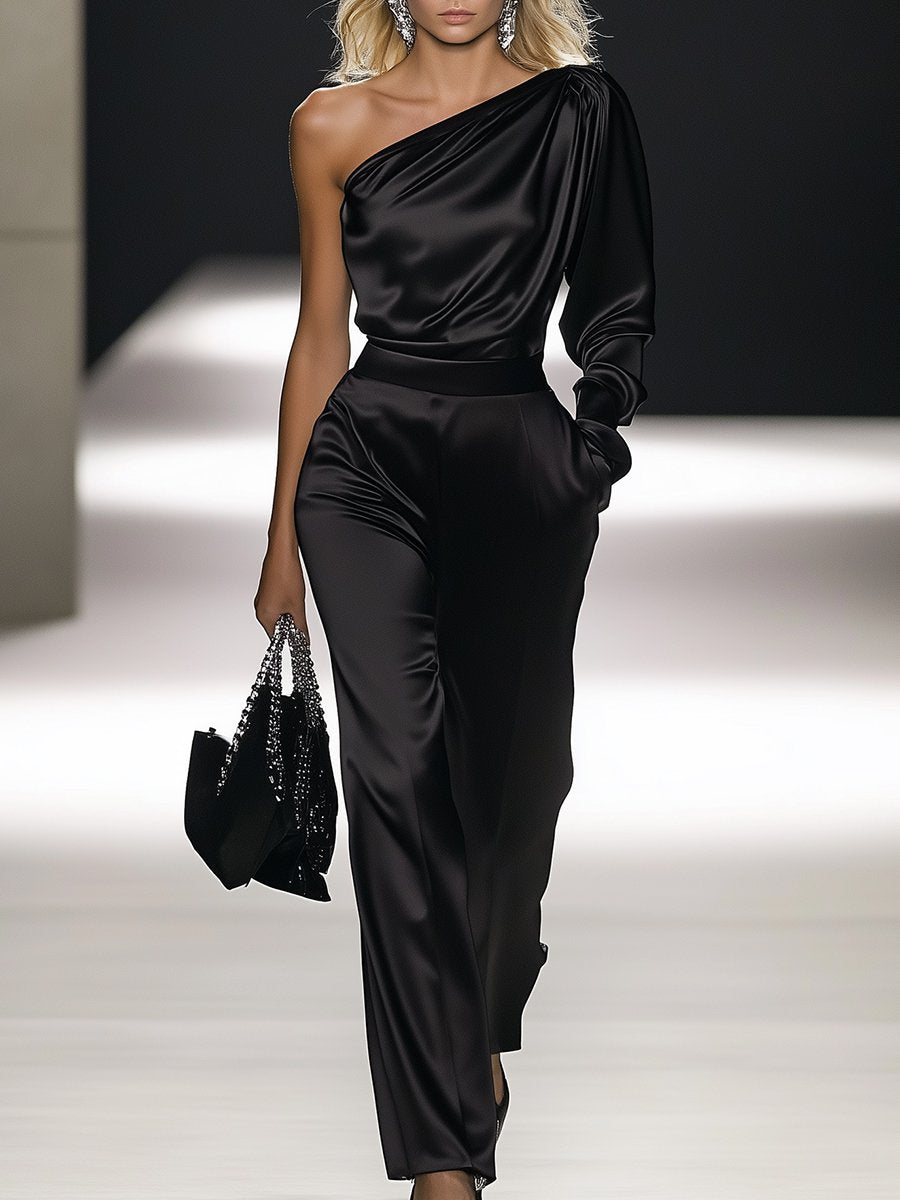 [24-hour shipping out]Elegant Off-the-shoulder Satin Long-sleeved Jumpsuit