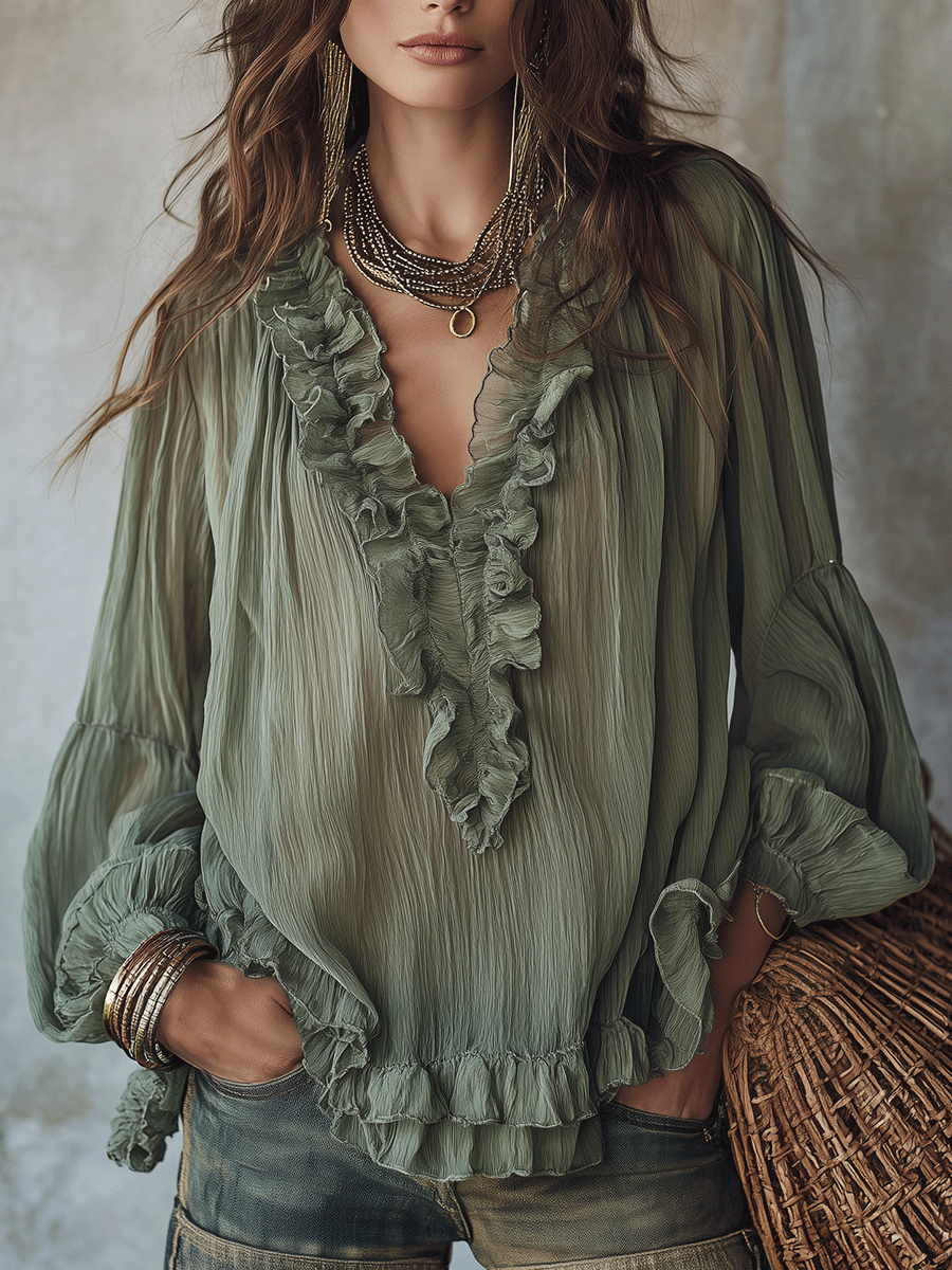 Chic Olive Green Ruffled Blouse