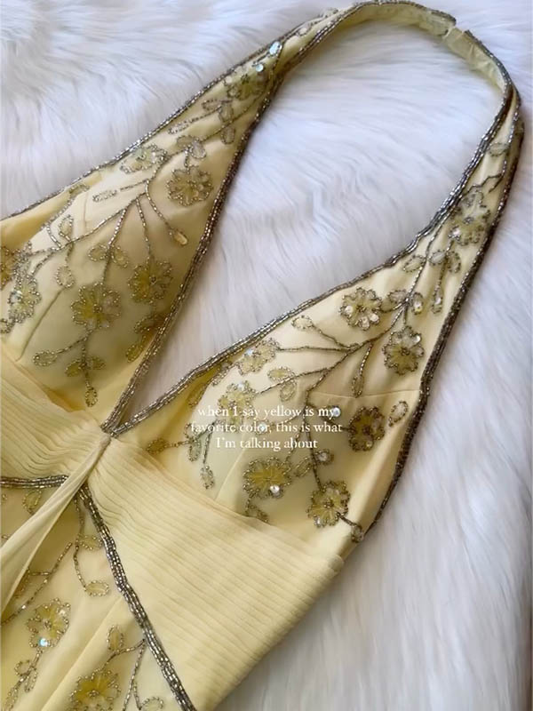 Butter Yellow Beaded Halter Maxi Dress