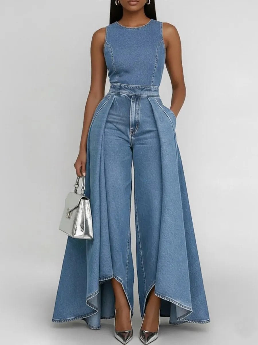 Women's Avant-Garde Skirt-Effect Denim Jumpsuit - Elegant High-Waist Sleeveless One-Piece Pant Suit
