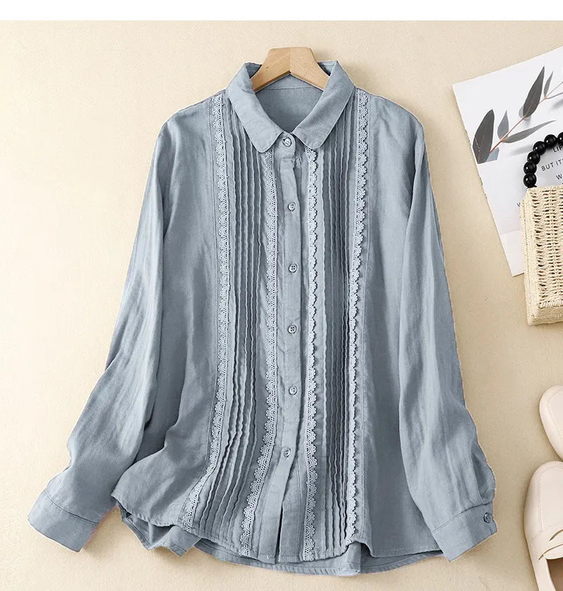 Women's Patchwork Lace Trim Linen And Cotton Pleated Shirt