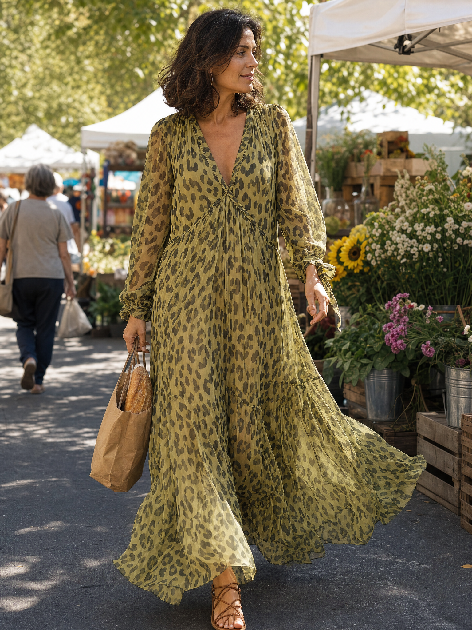 Olive Green Leopard Print Chiffon Long-sleeved Bohemian Dress