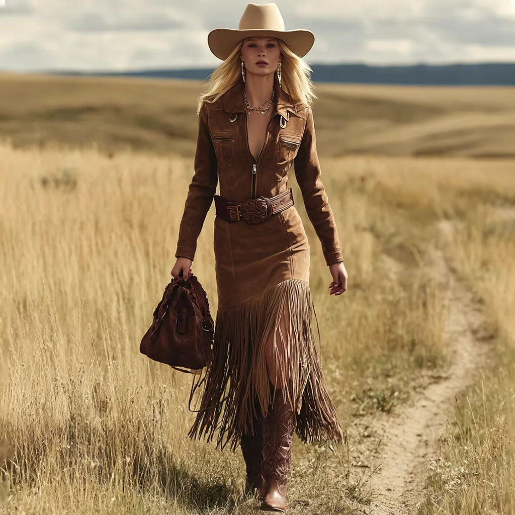 Women's Vintage Western Elegance: Fringed Leather Mermaid Dress In The Prairie