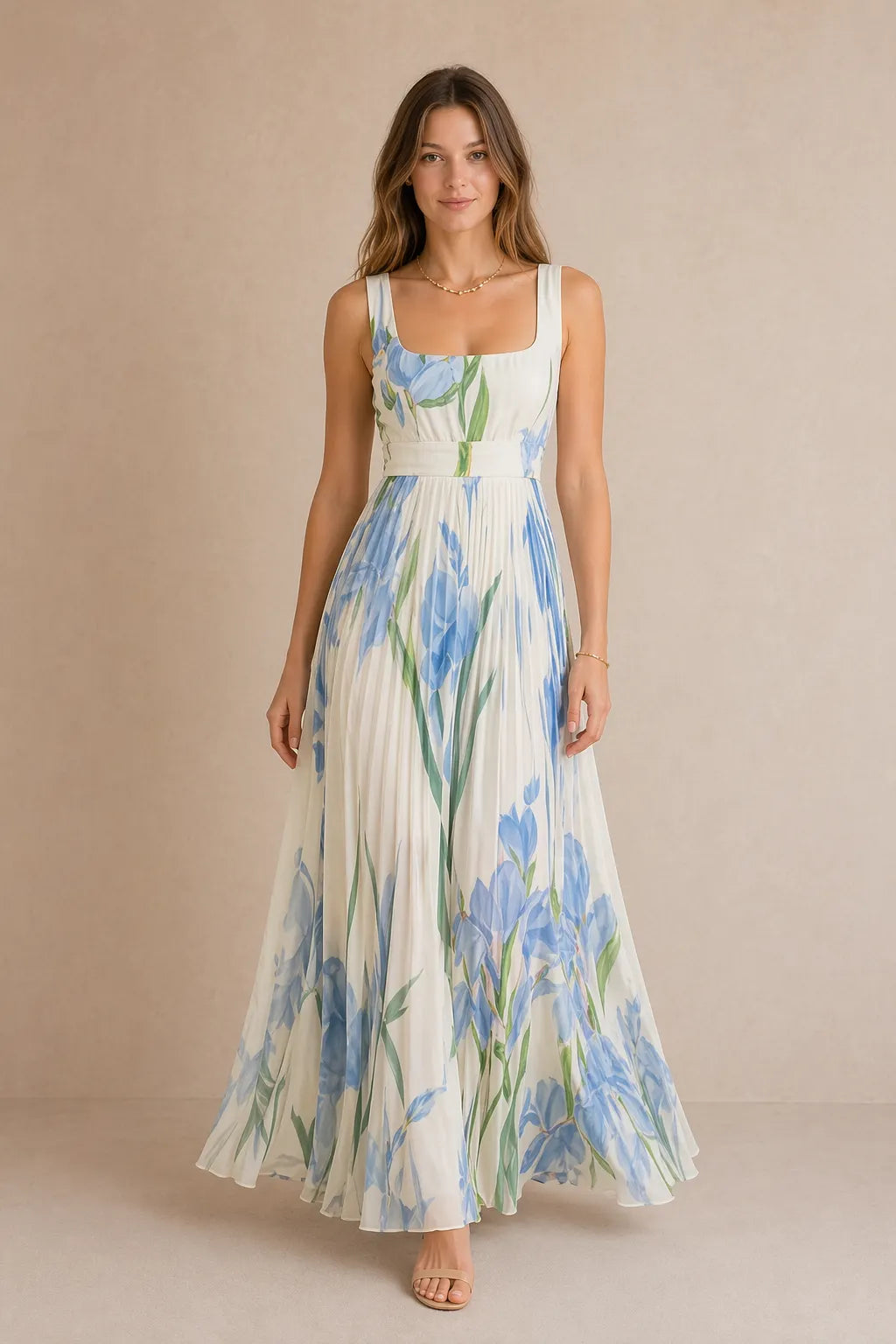 Floral Pleated Square-Neck Maxi Dress