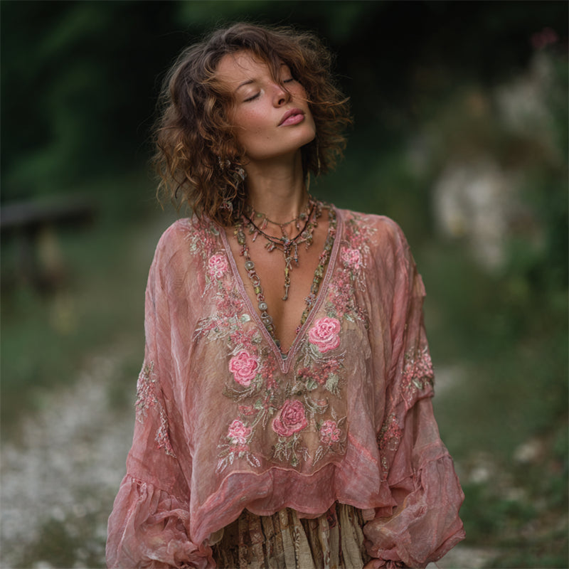 Vintage Boho Pink Roses Embroidered Flowy Linen Tunic