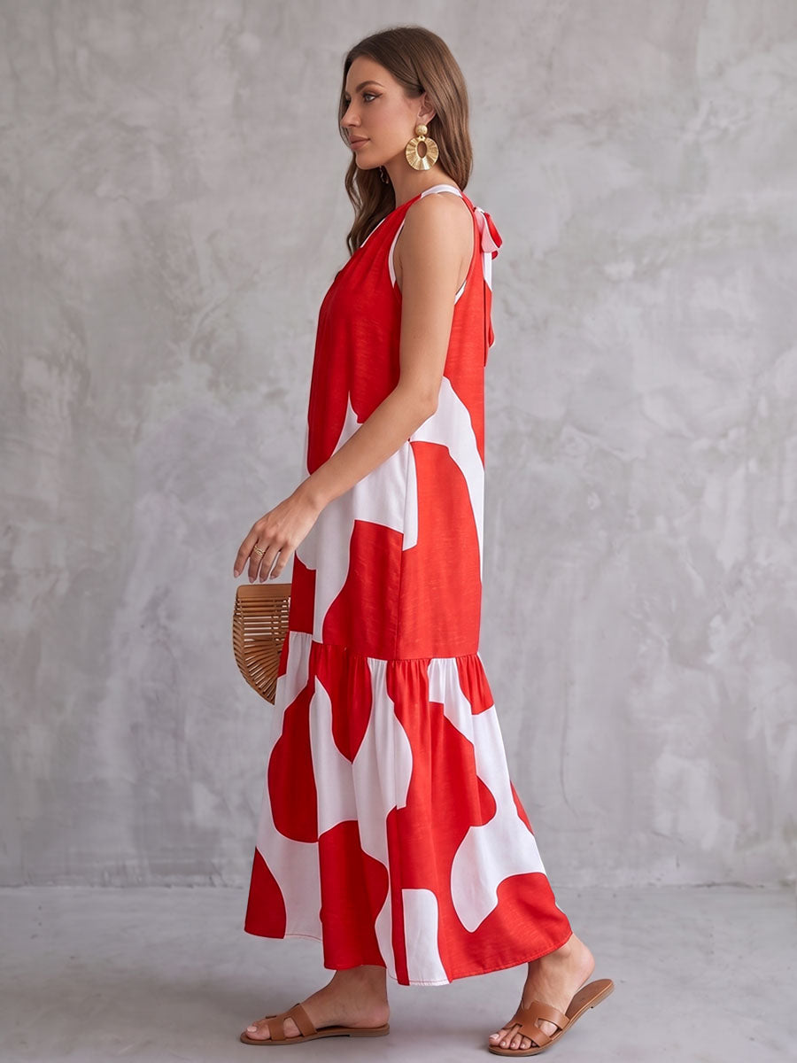 Tiered Split-Joint Printed Elasticity Contrast Color Sleeveless Loose Round-neck Maxi Dresses