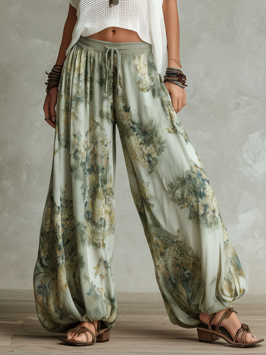 White Crochet Knit Crop Top & Light Green Ink Floral Print Elastic Waist Lantern Pants Set