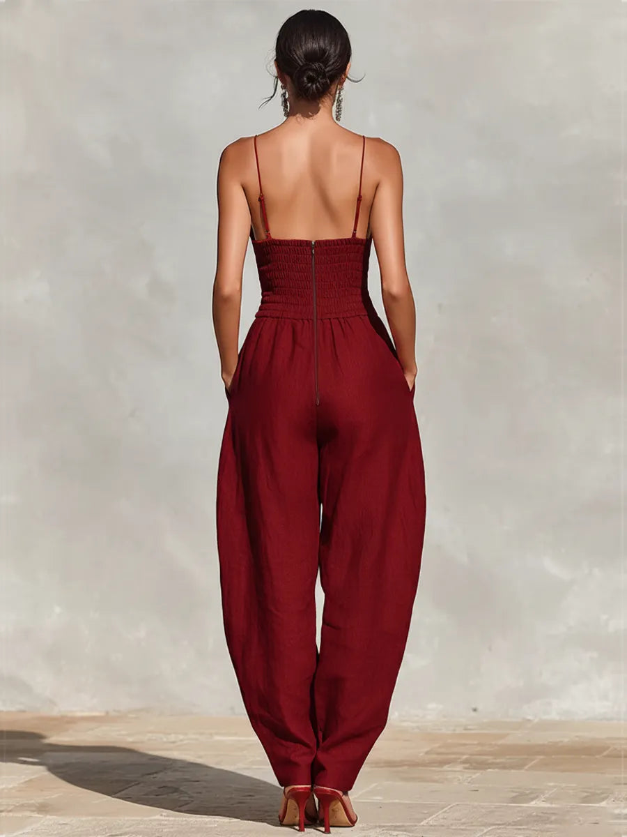 Women's Red Linen Jumpsuit With Spaghetti Straps & High-Waisted Pleated Pants, Timeless Romantic-Elegant Style Jumpsuit