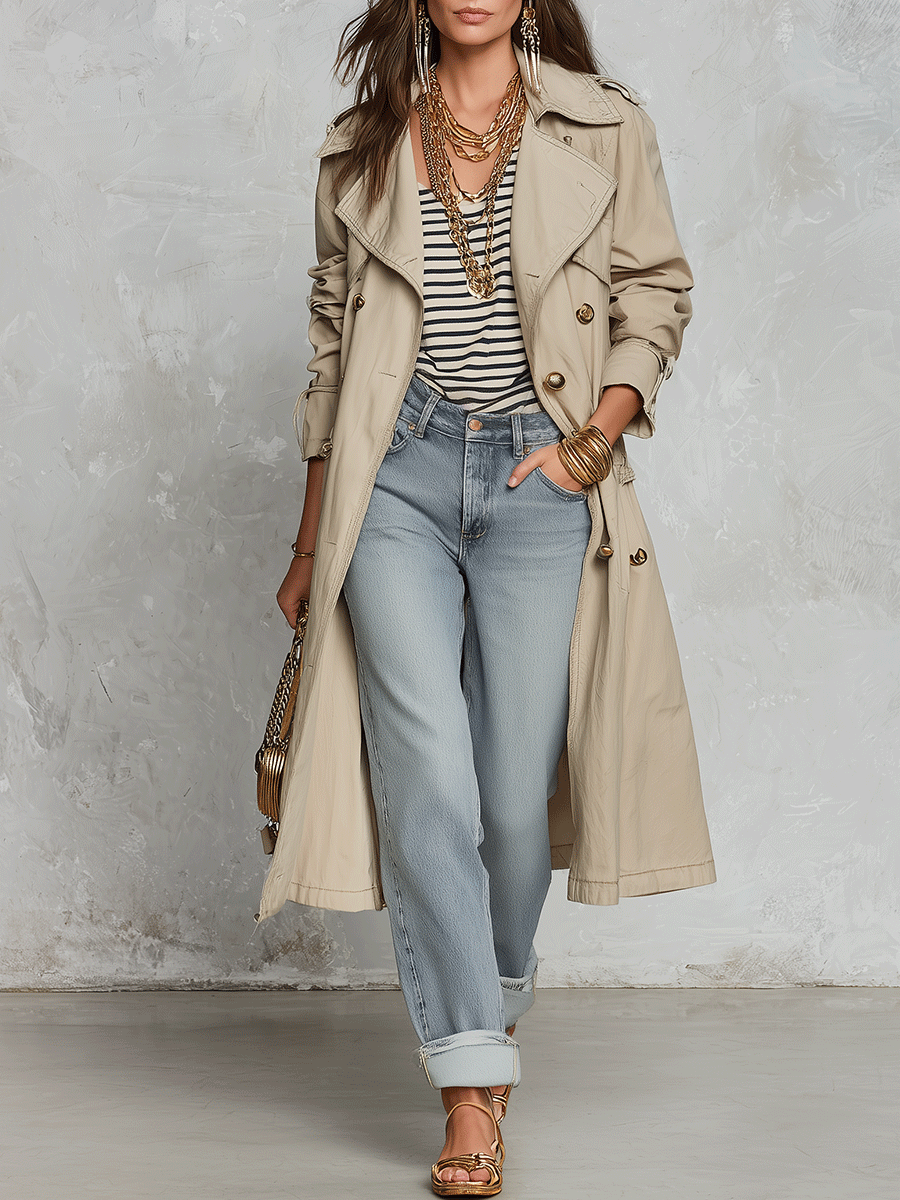 Effortless Chic Cotton-Twill Double-Breasted Belted Khaki Longline Trench Coat