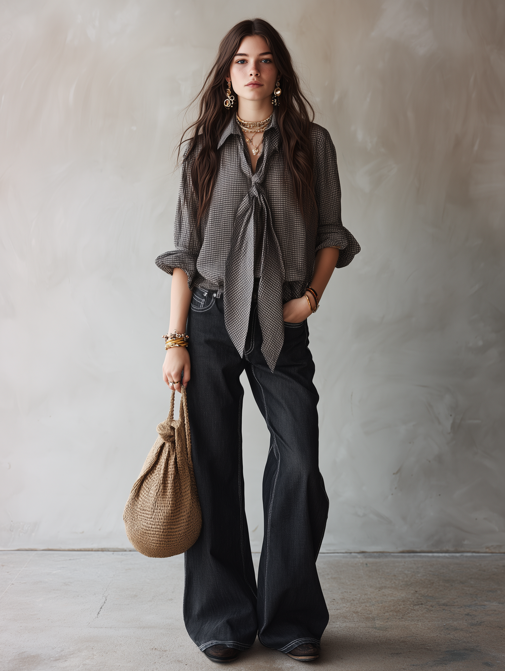 Effortless Chic Chiffon Micro-Check Tie-Front Black & White Blouse