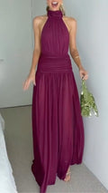 Elegant Halter Neck Pleated Waist Backless Maxi Dress