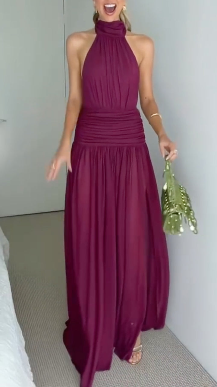 Elegant Halter Neck Pleated Waist Backless Maxi Dress