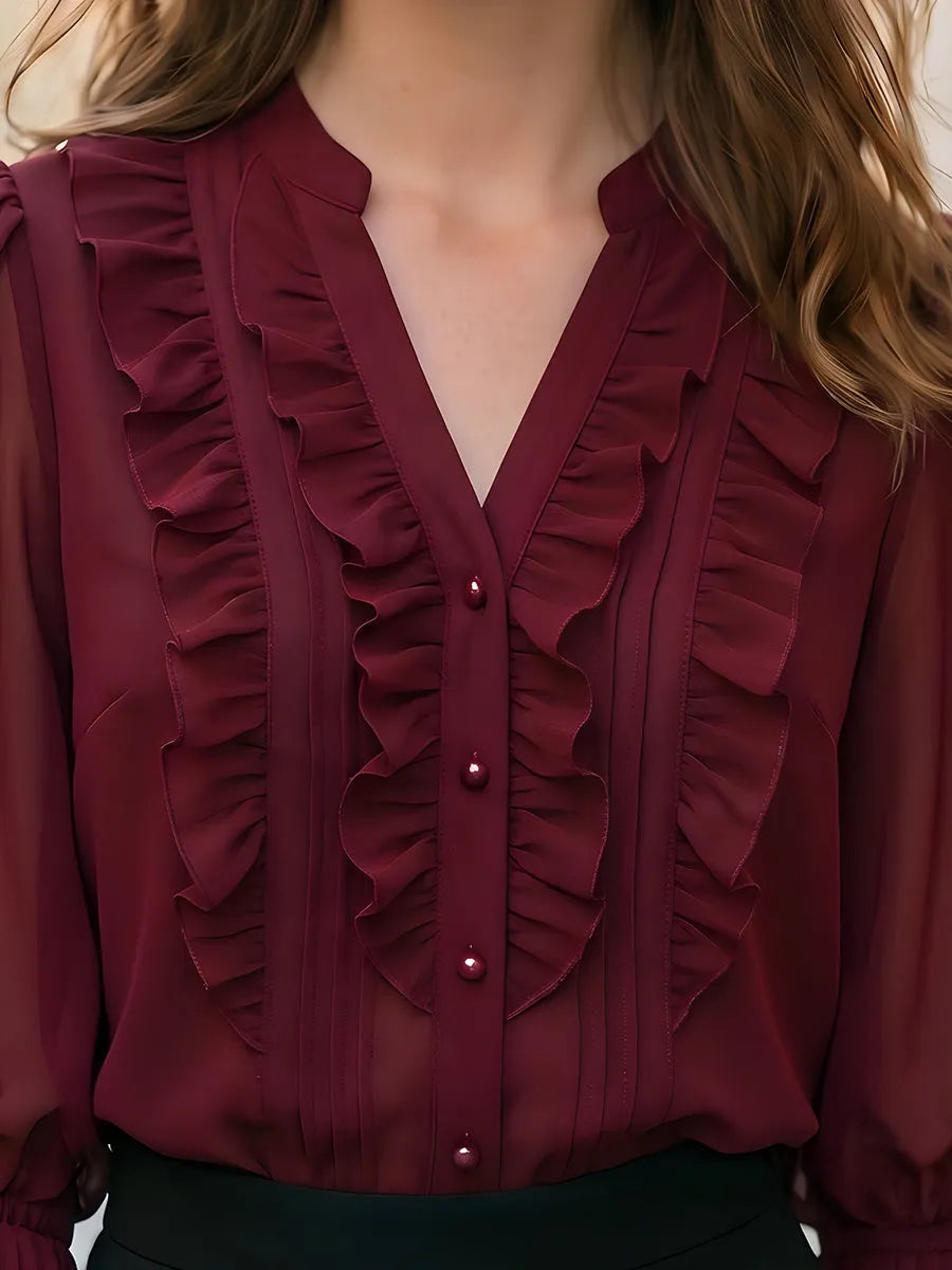Ruffled V-Neck Chiffon Blouse