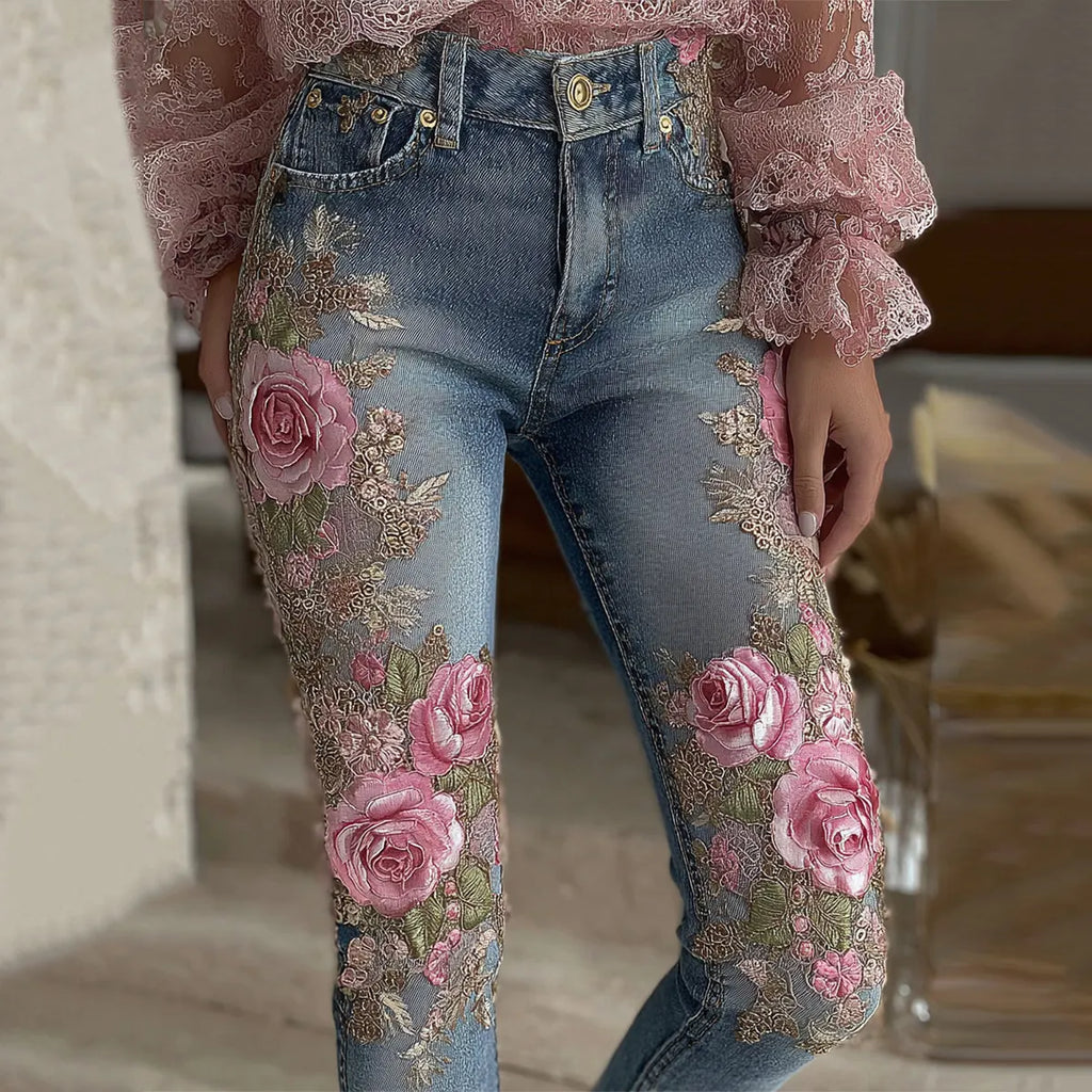 Women's Vintage Rose Floral Embroidery Gradient Art Casual Jeans
