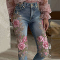 Women's Vintage Rose Floral Embroidery Gradient Art Casual Jeans