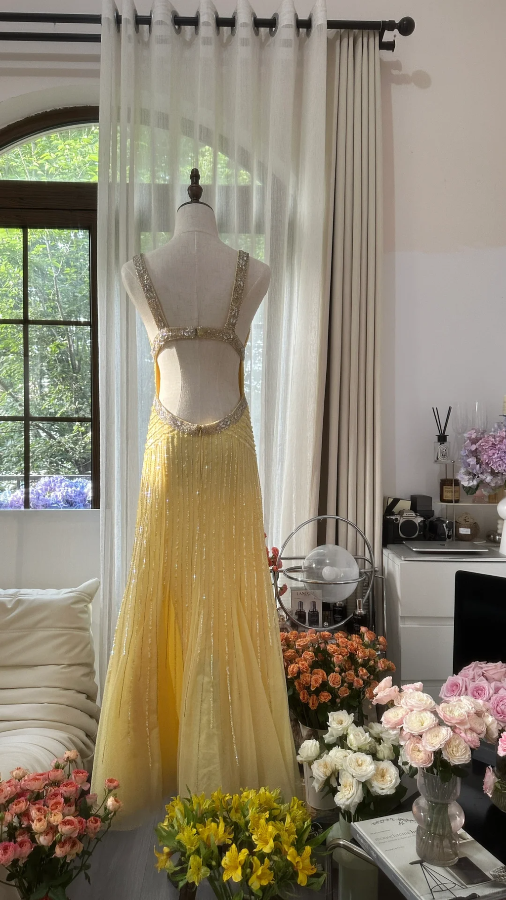 Lit Yellow Gorgeous Shiny Fashion Elegant Exquisite Beaded Long Tulle Backless Fairy Ball Gown Evening Dress Birthday/Wedding Guest/Holiday Party Dress Prom Dress Valentine's Day Date Dress