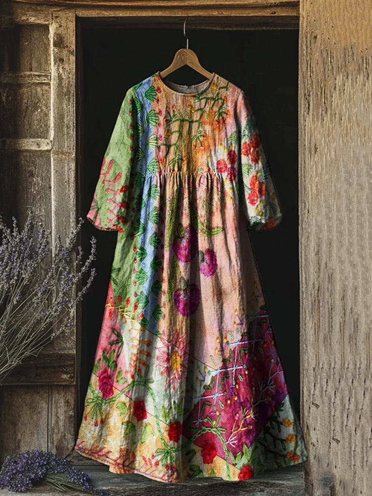 Vintage Floral Print Crew Neck Loose Midi Dress e2fc