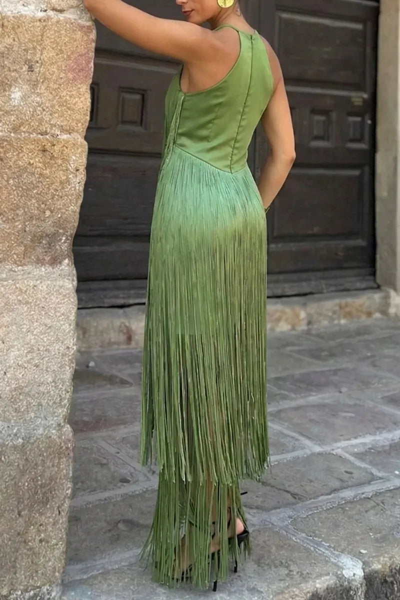 Green Halter Fringe Midi Dress